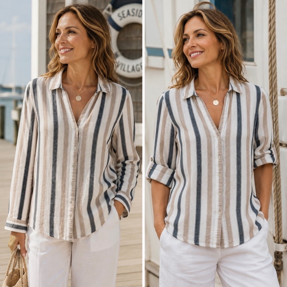 Tahari Linen Blend Stripe Button Up Top L Blue Tan Roll Tab Boho Beachy Nautical